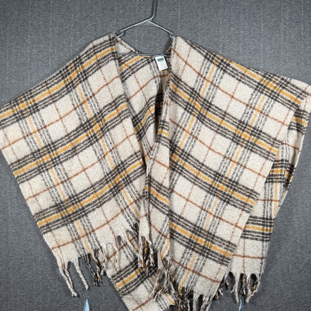 Woolrich Womens One Size Plaid Ruana Wrap Shawl Cream Brown Fringe Poncho Fall